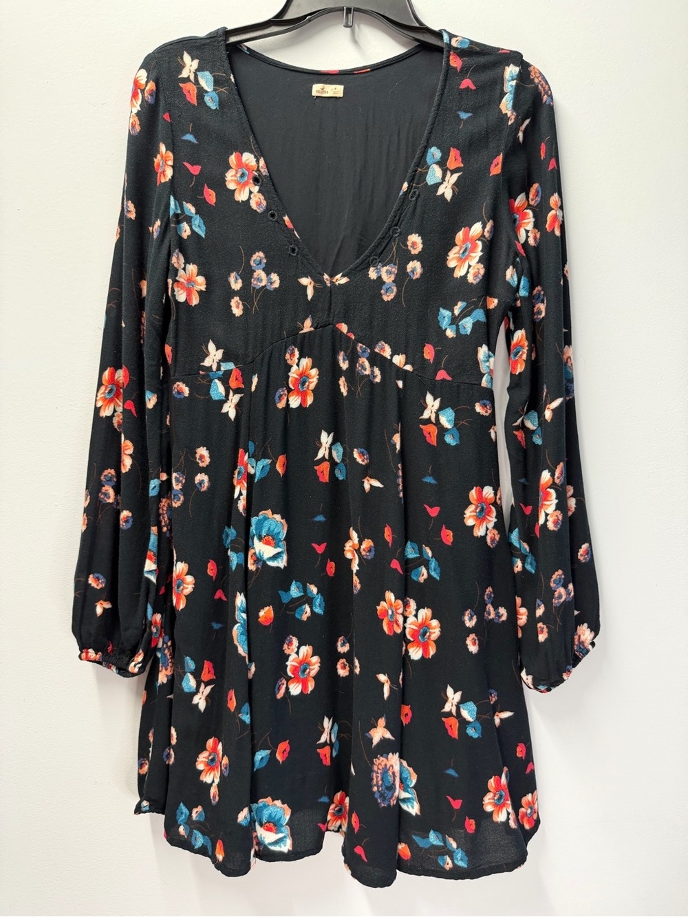 Hollister Black Mini Dress with Red and Blue Flower Accents Size Medium